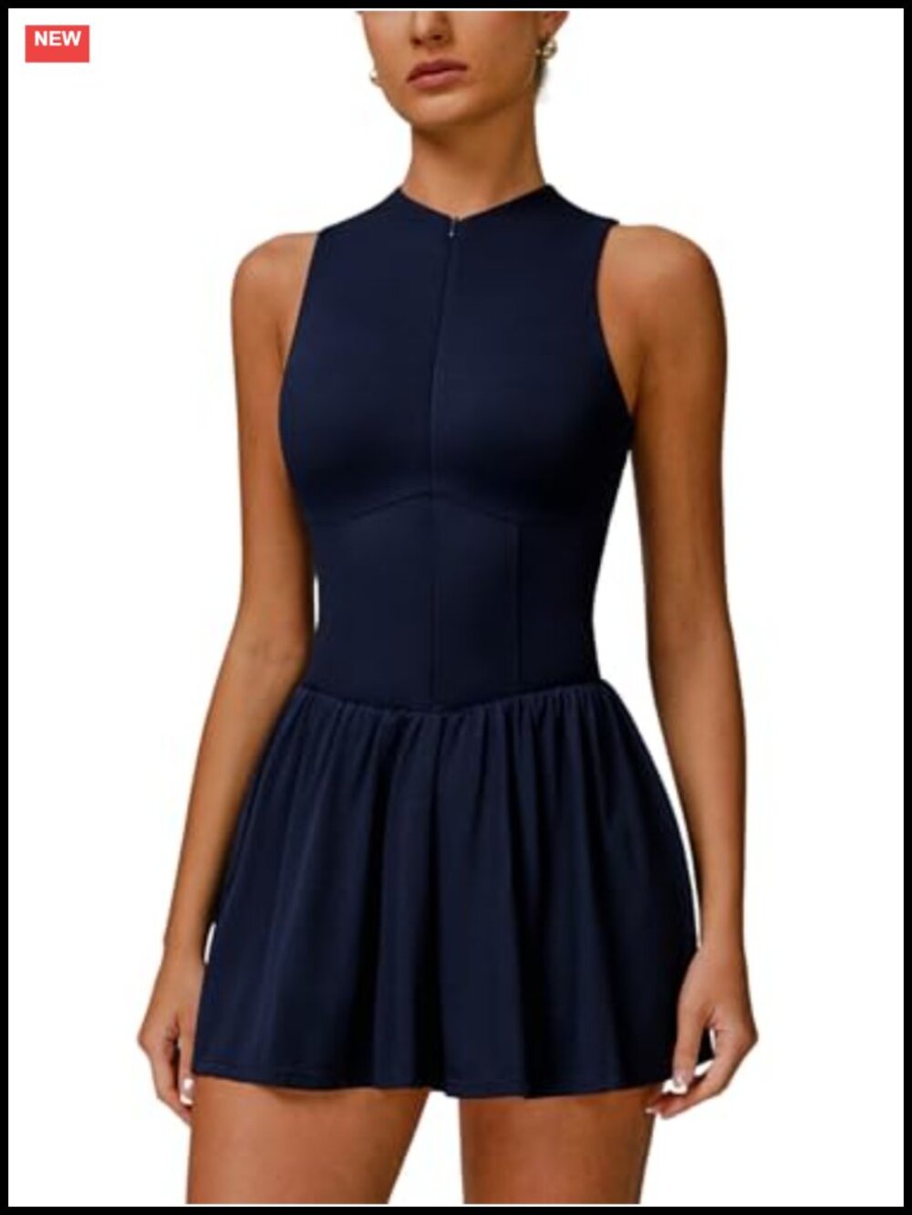 Zip Front High Neck Sleeveless Tennis Dress with Built-in Shorts Pockets